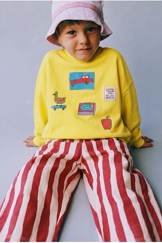 Magu Erkek Çocuk Baskılı Sarı Sweatshirt Ve Kırmızı Çizgili Eşofman Takımı Çok Renkli