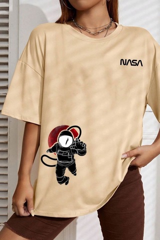 Flood Of Style Unisex Nasa Baskılı T-shirt Bej