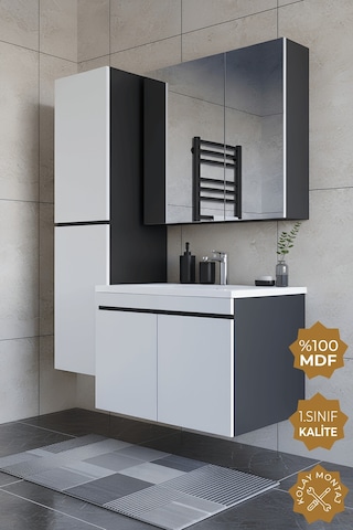 Teta Home Tokyo 80 Cm Mdf Banyo Dolabı Seti +boy Dolabı Antrasit - Beyaz