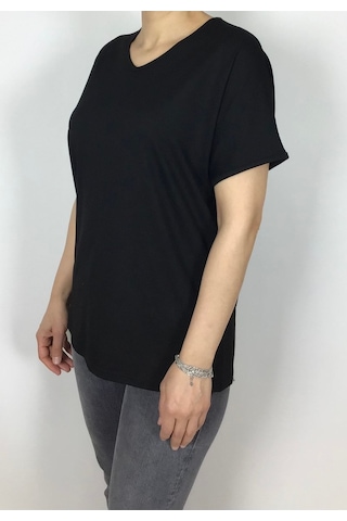 Kısa Kol V Yaka Likralı Düz Penye Bluz siyah