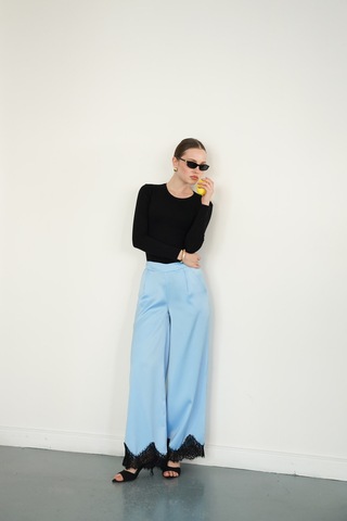 Verymoda Paçası Dantelli Saten Pantolon D2969 Mavi