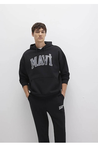 Mavi Logo Baskılı Kapüşonlu Siyah Erkek Sweatshirt M067149-902 Siyah