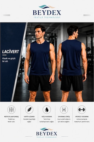 Beydex Erkek Nem Emici Hızlı Kuruma Atletik Teknik Sporcu Sıfır Kol T-shirt Gym Lacivert