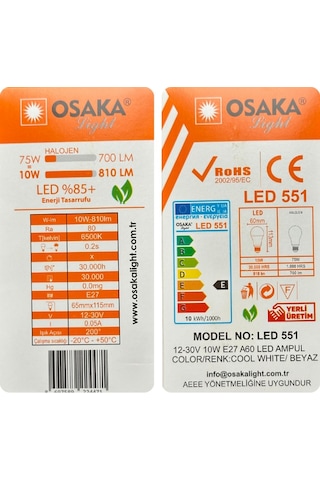 1 Adet Osaka 12volt 10w 75w Beyaz Işık 6500k E27 Duylu Kalın Duy Led Ampul