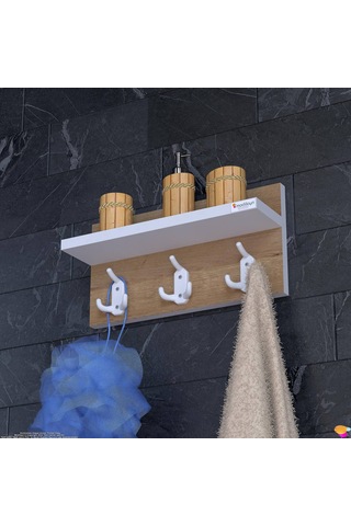 Modilayn Kedi Serisi 3 Lü Banyo Askısı Seti: 31,4x18 Cm, 9 Kancalı Raflı Düzenleyici. Beyaz