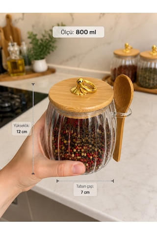 Qerhome Kaşıklı Çizgili Cam Baharat Kavanozu 800 Ml - Gold Halka Kulplu Bambu Kapaklı Saklama Kabı Dh 57-59 Şeffaf