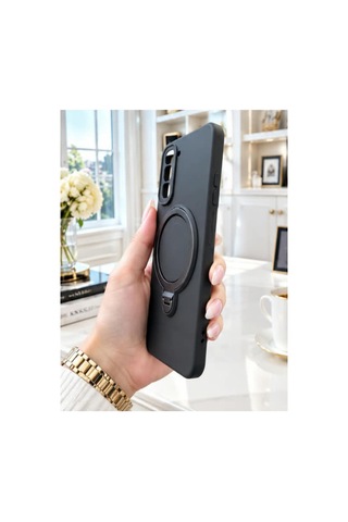 İnfinix Hot 70 4g İle Uyumlu 360 Derece Dönebilen Kalın Metal Magsafe Halka Stantlı İçi Kadife Korumalı Ultra Lüx Premium Silikon Kılıf Siyah