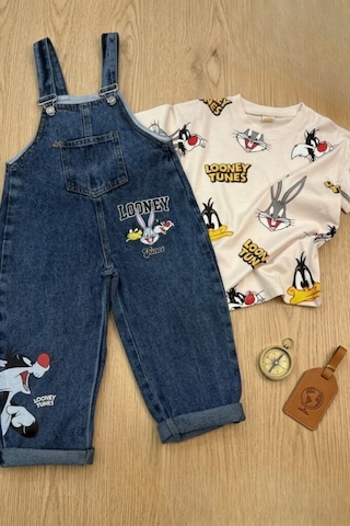 Nota Kids Baskılı Çocuk Kot Salopet Trend 2 Parça Kombin 3-6 Yaş Çok Renkli