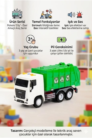 Sesli Işıklı Çöp Kamyonu - Minik Şoförlerin Favorisi 28 Cm Eğitici Eğlenceli Oyuncak