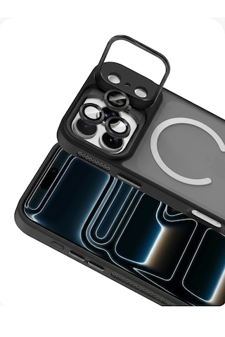 İphone 17 Pro Max Uyumlu Magsafe Özellikli Kamera Lens Koruyuculu Pass Silikon Kılıf Şeffaf Siyah