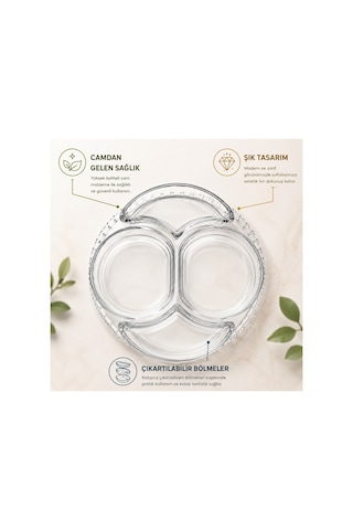 5 Parça 4 Bölmeli Cam Kahvaltılık,çerezlik,meze Tabağı, Çıkarılabilir Cam Bölmeli Sunum Servis Tabağı 24 Cm Şeffaf