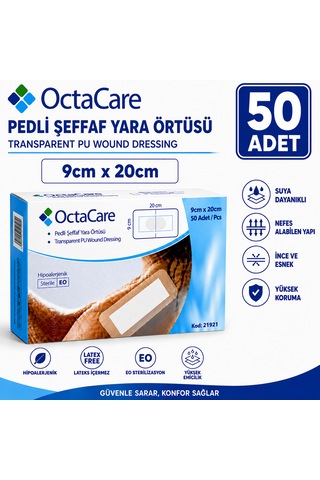 Octacare Su Geçirmez Pedli Şeffaf Pu Film Steril Yara Örtüsü 9cm 20cm 50 Adet