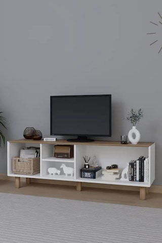 Bohem Serisi Garden Meşe - Beyaz Pvc Hasır Desen Tv Ünitesi Açık Ceviz & Beyaz