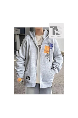 Tarzsokak Yazı Tasarımlı Sweatshirt Fermuarlı Hırka Unisex Gri