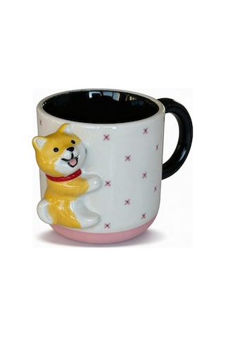 Çiçek Desenli 3d Köpek Figürlü Kupa 425 Ml beyaz