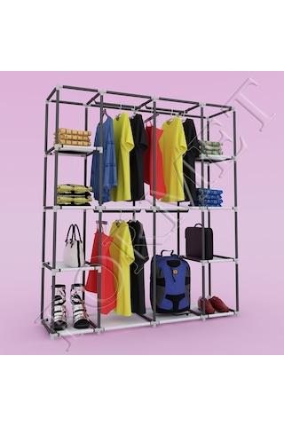 Sepet38 Teknor Metal Profil Çift Raf Çift Askılık Lüks Bez Dolap - Gri