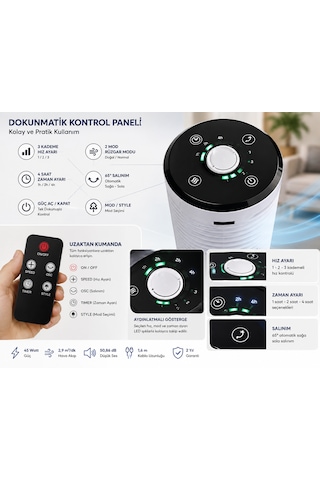 Kule Tipi Kumandalı Vantilatör 45w Beyaz 3 Hız Kademesi, 65 Salınım, Dokunmatik Panel, Uzaktan Kumandalı