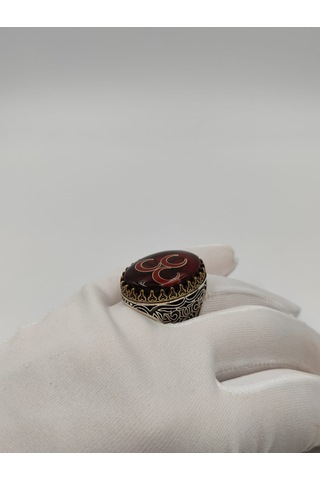 3 Hilal Kırmızı Taşlı Erkek Yüzüğü 24 Mm 925 Ayar Gümüş Yüzük