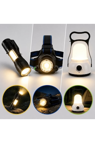 3'lü Şarjlı Led Fener Seti Usb Şarjlı El Feneri Kafa Lambası Kamp Lambası Güçlü Işık Acil Durum Outdoor Diğer