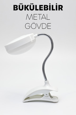 Kitap Okuma Lambası Kıskaçlı Bükülebilir 5 Led Midi Çalışma Işığı Pilli Spiral Gövde My005 Beyaz