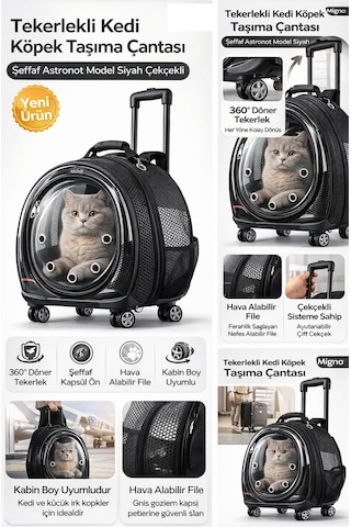 Jumbo Fileli Tekerlekli Kedi Köpek Taşıma Çantası 45 X 50 X 27 Cm Siyah 15 Kg