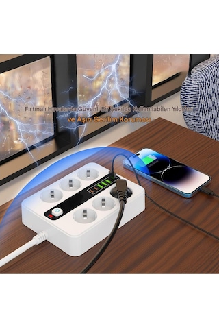 6'lı Grup Priz 4xusb 2xtype-c Çıkışlı Isıya Dayanıklı Power Tuşlu 2 Mt Kablolu Priz Çoğaltıcı 2 M