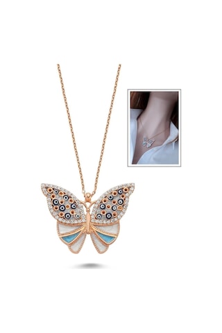 Mavi Mineli Sır Kelebek Kolye