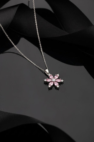 925 Ayar Pembe Kuvars Taşlı Rodyum Lotus Çiçeği Gümüş Kolye Rn10304 Gümüş