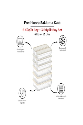9 Adet Saklama Kabı 3 Büyük-6 Orta Boy 4 Litre + 1,3 Litre Derin Dondurucu Mikrodalga Uyumlu Şampanya