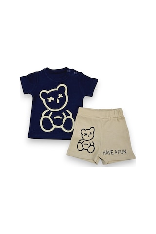 Ayıcık Desenli Erkek Bebek Şortlu Takım Lacivert