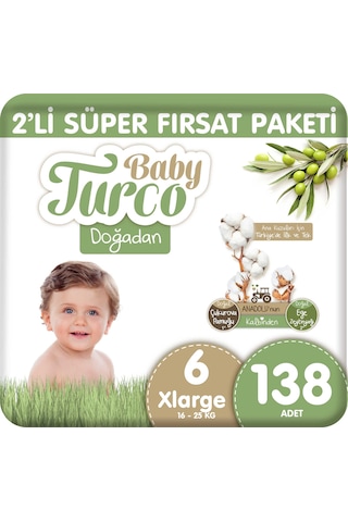Baby Turco Doğadan 2'li Süper Fırsat Paketi Bebek Bezi 6 Numara 138 Adet 3'lü