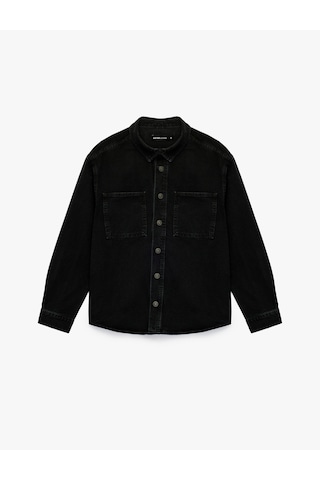 Koton Uzun Kollu Cepli Düğmeli Gömlek Yaka Oversize Jean Gömlek Ceket Siyah 6sam50069nd