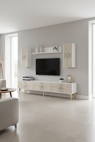 Tvr1832btg Slim Tv Ünitesi Takımı Beyaz-traverten-gold 180cm