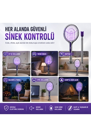 Polham 105 Cm Uzatılabilir Elektrikli Sinek Öldürücü Raket, Şarjlı 2800v Yüksek Voltajlı, 360 Dönebilen Başlıklı Sinek Öldürücü 1 Adet