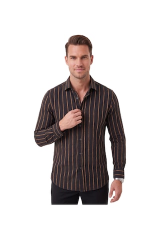 Deepsea Erkek %100 Pamuk Slim Fit Dar Kesim Keten Dokulu Çizgili Uzun Kollu Siyah Gömlek 2600034