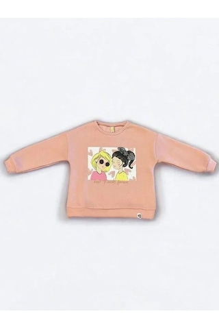 Kız Çocuk Kalın Kız Baskılı İçi Şardonlu Sweatshirt-14345 Pudra