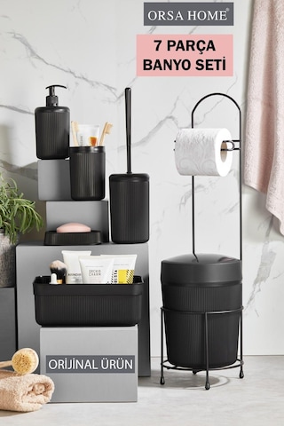 7 Parça Siyah Banyo Seti Metal Stantlı Kovalı Wc Kağıtlık Kozmetik Kutusu Diş Fırçalık Ve Sabunlukla