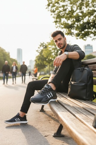 Enoch Erkek Siyah Beyaz Çizgili Sportif Yürüyüş Ayakkabısı - Ortopedik Destekli Sneaker Siyah - Gri