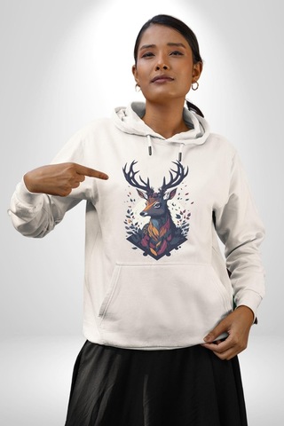 Geyik Kafası Yapraklar Kadın Erkek Beyaz Kapüşonlu Sweatshirt Hoodie Beyaz