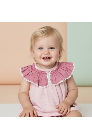Ürünya Kız Bebek Çocuk Pamuklu Fırfır Yaka Sıfır Kol Çıtçıtlı Zıbın Pembe