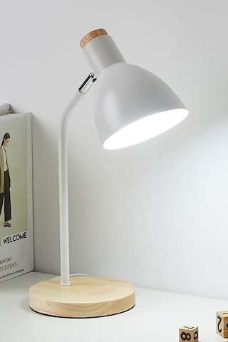 Usb Led Masa Lambası Beyaz Ahşap Tabanlı Modern Dekoratif, Şık Esnek Boyunlu Ofis Ve Çalışma Lambası Beyaz