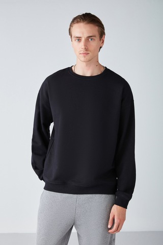 Grımelange Stephan Erkek Yumuşacık Kışlık Kumaşlı 3 Iplik Organik Pamuk Örme Oversize Siyah Sweatshirt
