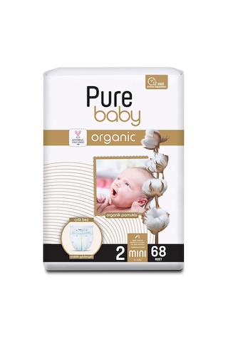 Pure Baby Organik Pamuklu Cırtlı Bez Tekli Paket 2 Numara Mini 68 Adet
