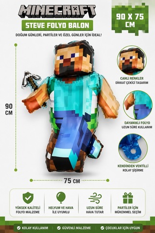 Minecraft Steve Folyo Balon 90x75 Cm Doğum Günü Parti Dekorasyon Balonu Çok Renkli