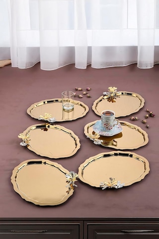 6 Adet Oval Kelebek Aksesuarlı Kahve-çay Servis Ve Sunum Tepsisi 25x20 Cm Gold Çok Renkli