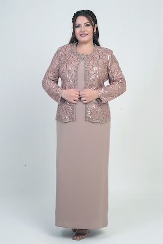 Kadın Pul İşlemeli Boncuk Detaylı Tül Ceket Yarım Ay Kollu Uzun Elbise Astarlı Krep Büyük Beden 2'li Takım Bej