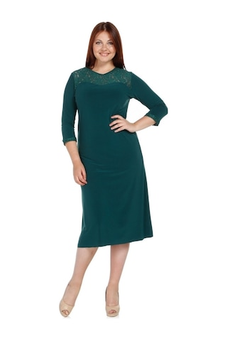 Nidya Moda Büyük Beden Dantel Kombinli Elbise-4078Dy Yeşil