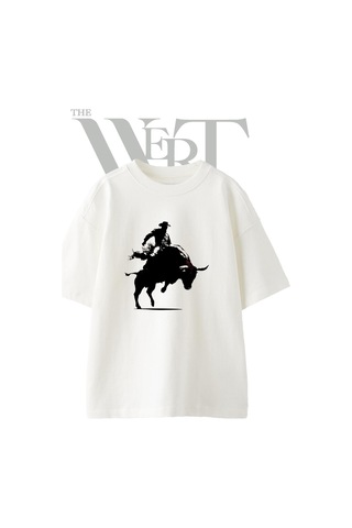 Thewert Bull Rider Tasarım Baskılı Ünisex Beyaz Oversize T-shirt