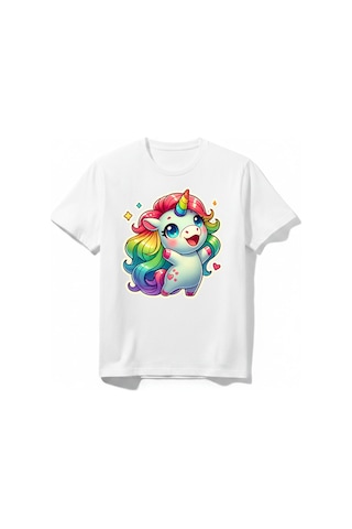 Urbantrendstore Summer Yaz Unicorn Temalı Unisex Kız Çocuk Erkek Çocuk Bisiklet Yuvarlak Yaka Basic Kısa Kollu %100 Pamuk Tişört Beyaz