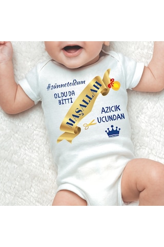 Özel Baskılı Sünnet Oldum Yazılı Organik Pamuk Çıtçıtlı Bebek Body Sünnet Zıbını Beyaz